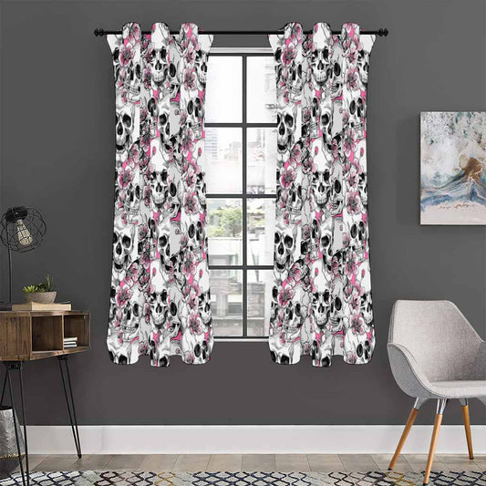 Pink Flowers Skull Pattern Print Curtain