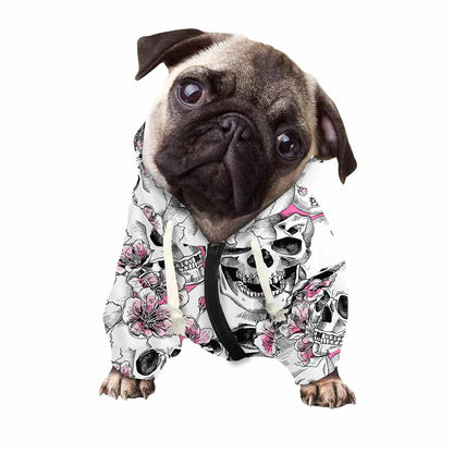 Pink Flowers Skull Pattern Print Dog Zip Up Hoodie