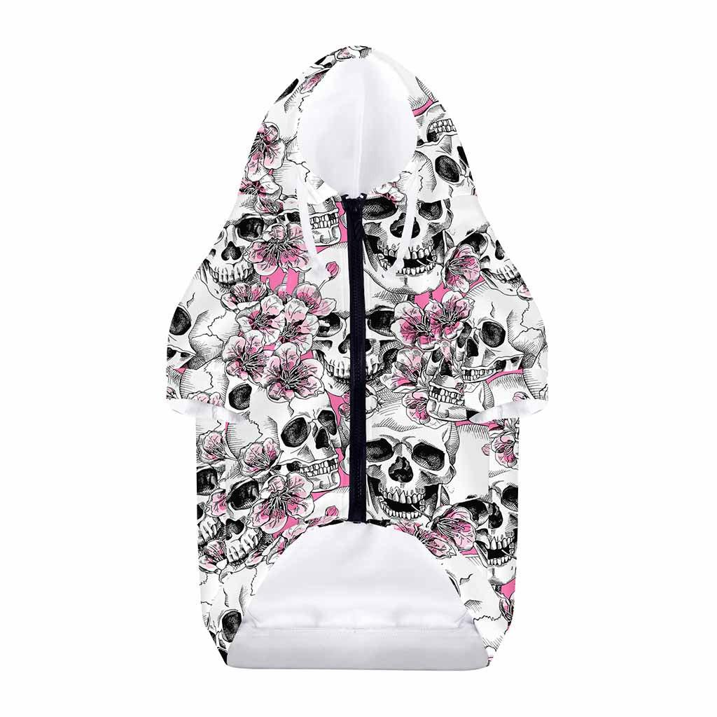 Pink Flowers Skull Pattern Print Dog Zip Up Hoodie