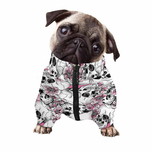 Pink Flowers Skull Pattern Print Dog Zip Up Jacket