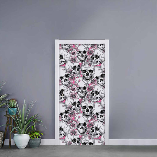 Pink Flowers Skull Pattern Print Door Sticker