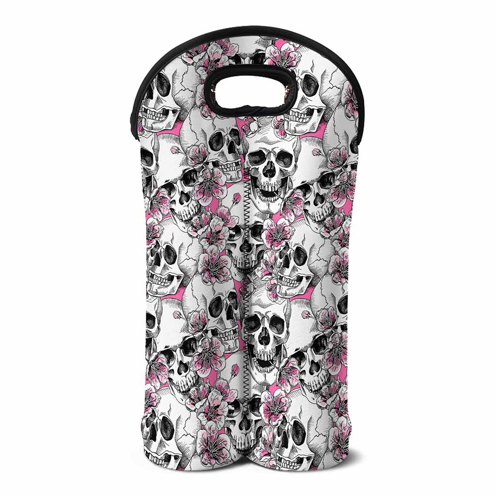 Pink Flowers Skull Pattern Print Double Neoprene Wine Tote