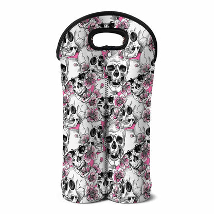 Pink Flowers Skull Pattern Print Double Neoprene Wine Tote