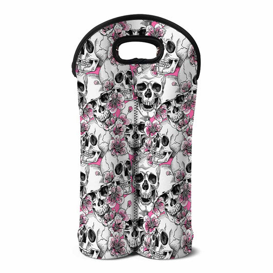 Pink Flowers Skull Pattern Print Double Neoprene Wine Tote