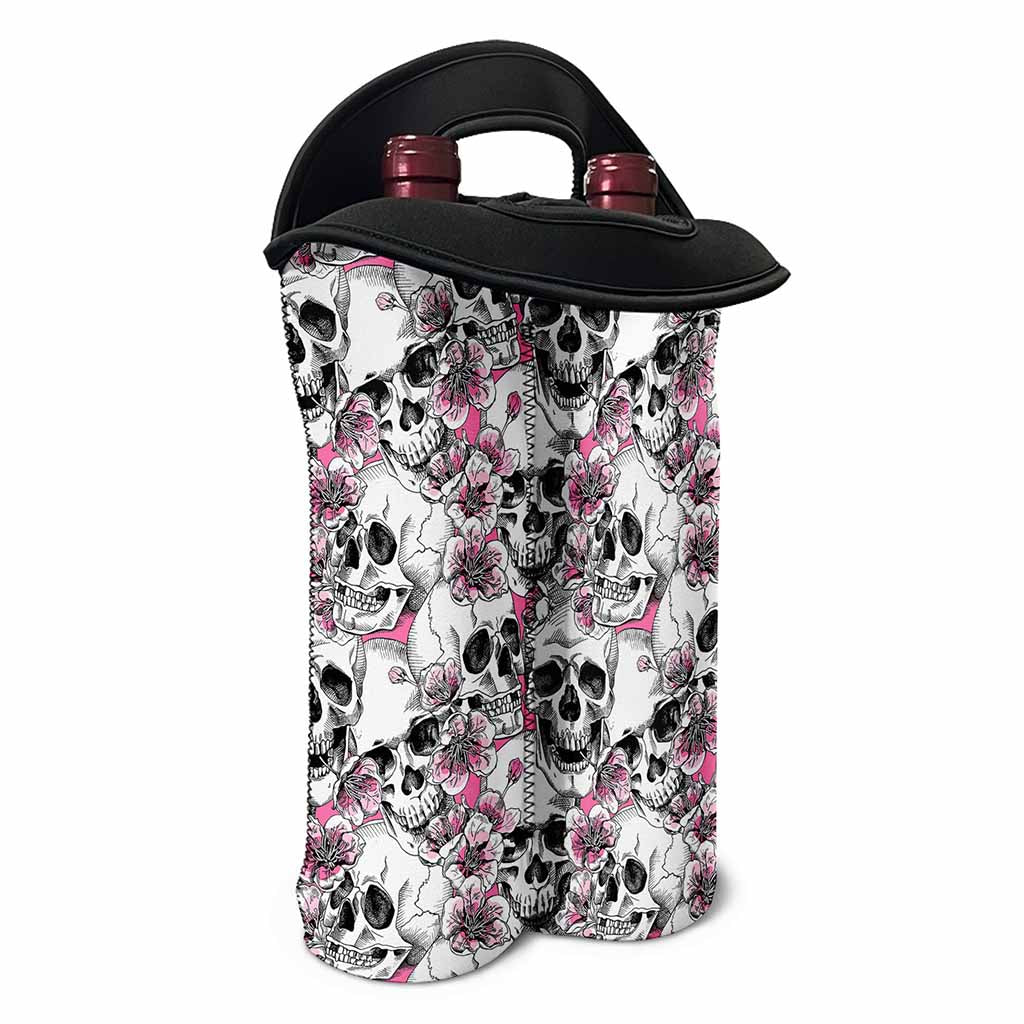 Pink Flowers Skull Pattern Print Double Neoprene Wine Tote