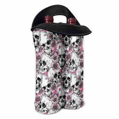 Pink Flowers Skull Pattern Print Double Neoprene Wine Tote