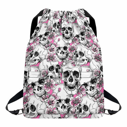 Pink Flowers Skull Pattern Print Drawstring Backpack