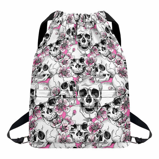 Pink Flowers Skull Pattern Print Drawstring Backpack