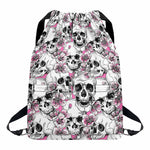 Pink Flowers Skull Pattern Print Drawstring Backpack