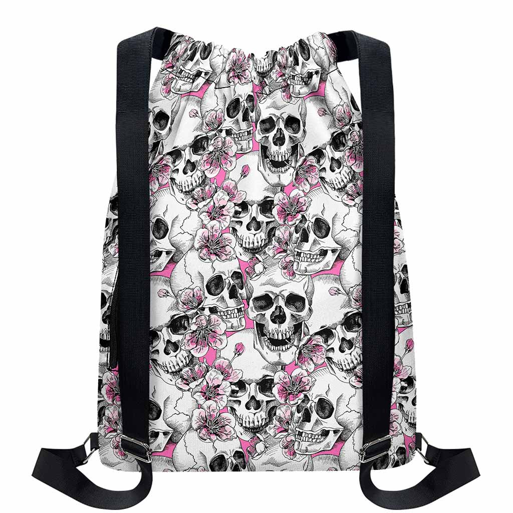 Pink Flowers Skull Pattern Print Drawstring Backpack