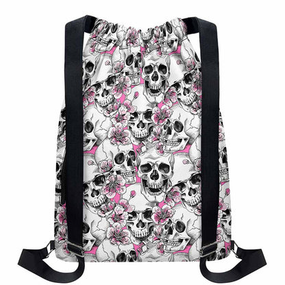 Pink Flowers Skull Pattern Print Drawstring Backpack
