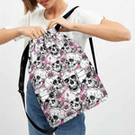 Pink Flowers Skull Pattern Print Drawstring Backpack
