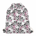 Pink Flowers Skull Pattern Print Drawstring Bag