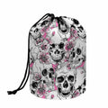 Pink Flowers Skull Pattern Print Drawstring Makeup Bag