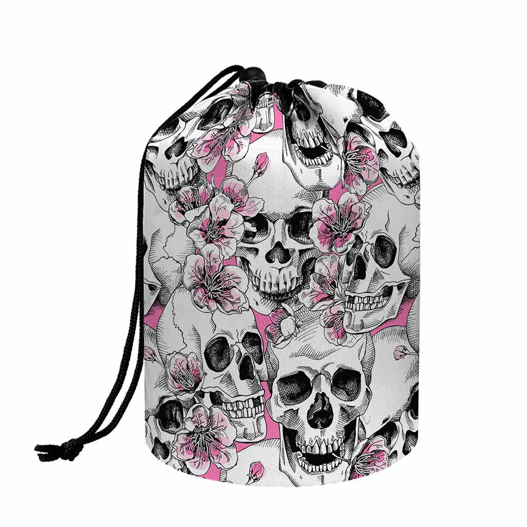Pink Flowers Skull Pattern Print Drawstring Makeup Bag
