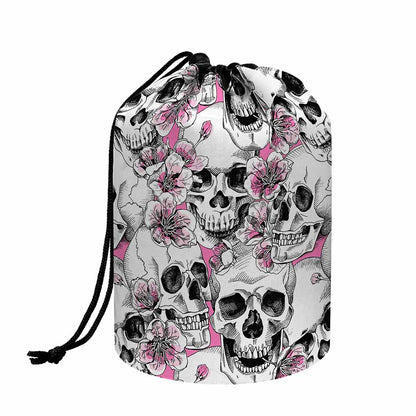 Pink Flowers Skull Pattern Print Drawstring Makeup Bag