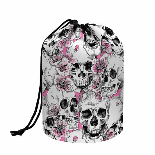 Pink Flowers Skull Pattern Print Drawstring Makeup Bag