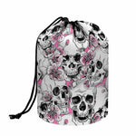 Pink Flowers Skull Pattern Print Drawstring Makeup Bag