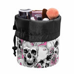 Pink Flowers Skull Pattern Print Drawstring Makeup Bag