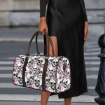Pink Flowers Skull Pattern Print Duffle Bag