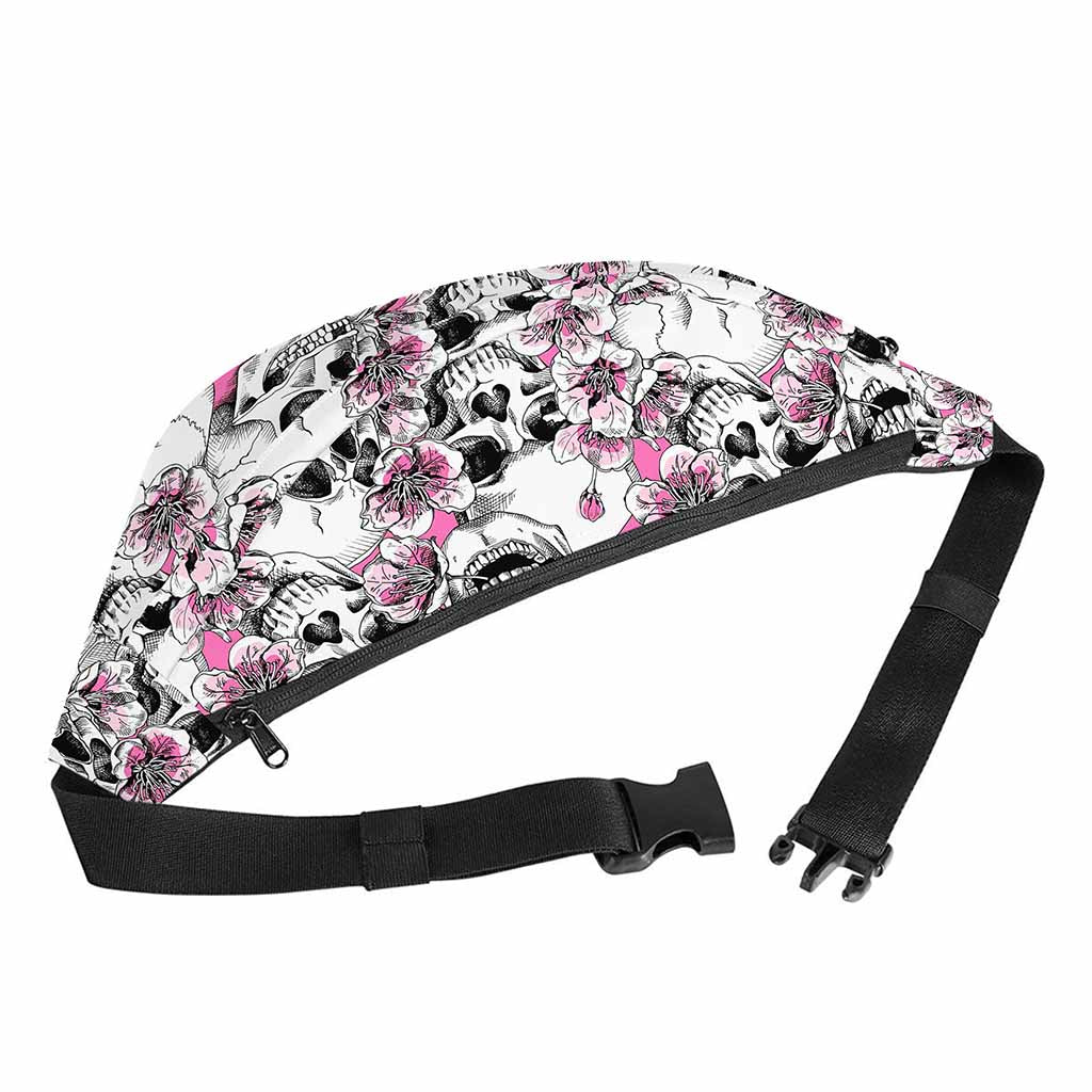 Pink Flowers Skull Pattern Print Fanny Pack