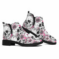 Pink Flowers Skull Pattern Print Flat Ankle Boots