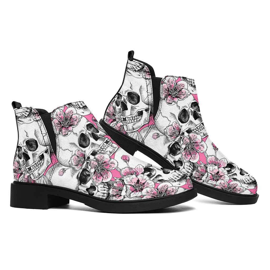 Pink Flowers Skull Pattern Print Flat Ankle Boots