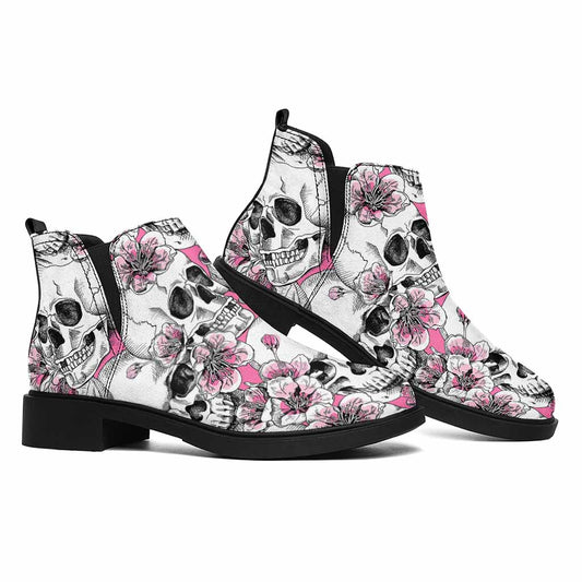 Pink Flowers Skull Pattern Print Flat Ankle Boots