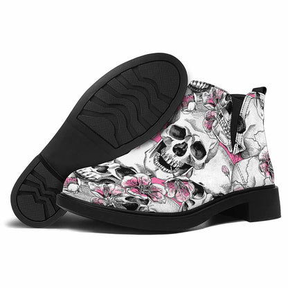 Pink Flowers Skull Pattern Print Flat Ankle Boots
