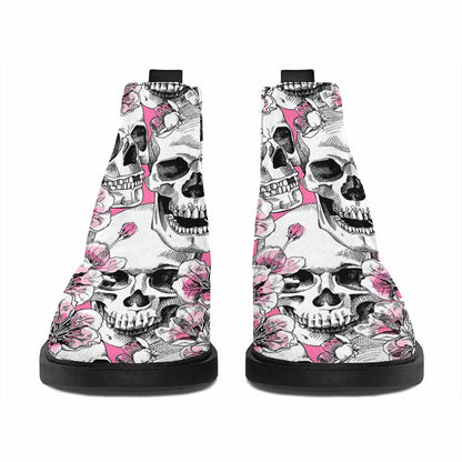 Pink Flowers Skull Pattern Print Flat Ankle Boots