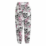 Pink Flowers Skull Pattern Print Fleece Lined Knit Pants