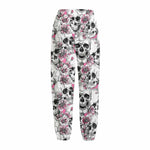 Pink Flowers Skull Pattern Print Fleece Lined Knit Pants
