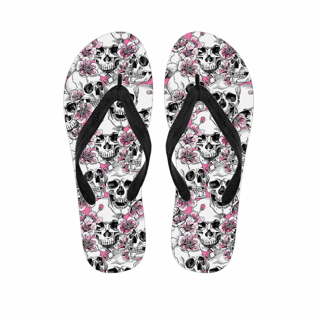 Pink Flowers Skull Pattern Print Flip Flops