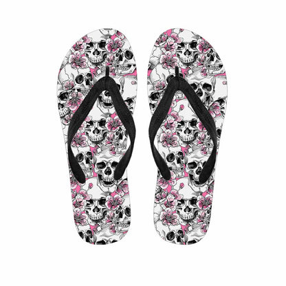 Pink Flowers Skull Pattern Print Flip Flops