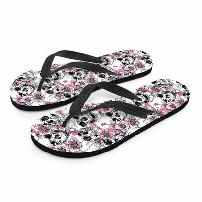 Pink Flowers Skull Pattern Print Flip Flops