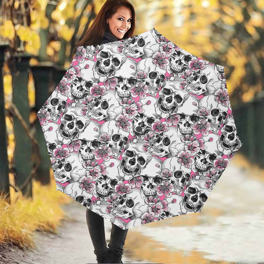 Pink Flowers Skull Pattern Print Foldable Umbrella