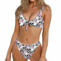 Pink Flowers Skull Pattern Print Front Bow Tie Bikini