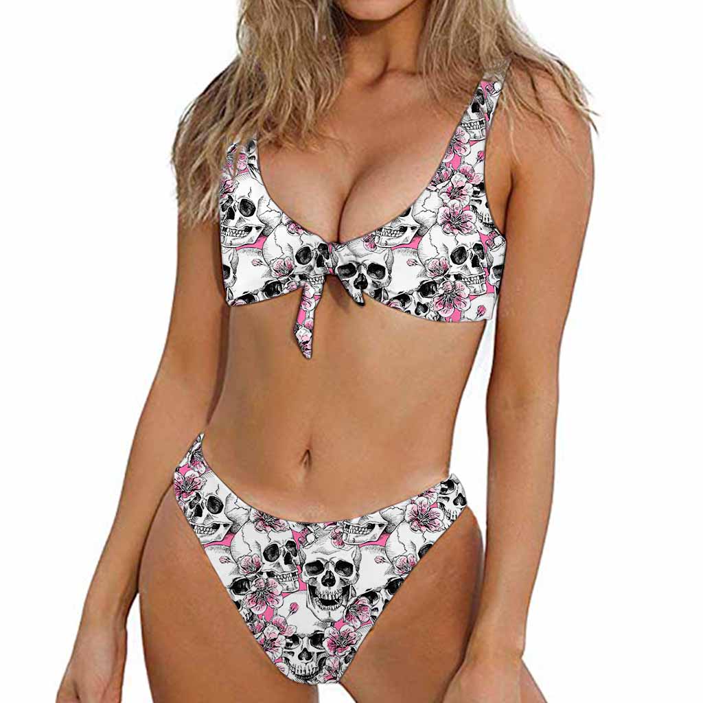 Pink Flowers Skull Pattern Print Front Bow Tie Bikini