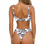 Pink Flowers Skull Pattern Print Front Bow Tie Bikini