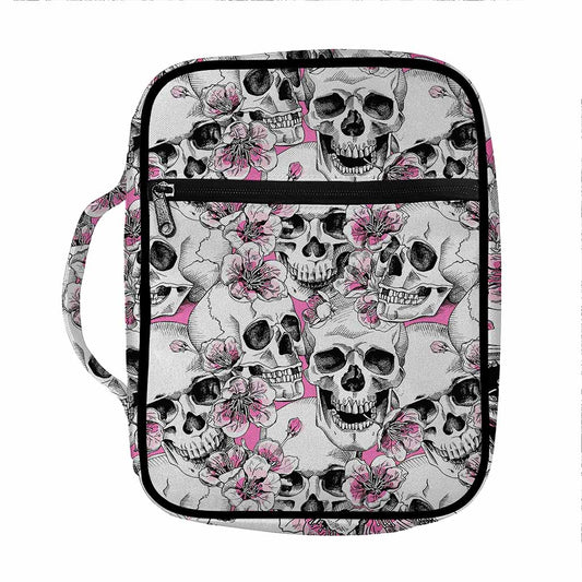 Pink Flowers Skull Pattern Print Front Pocket Bible Bag
