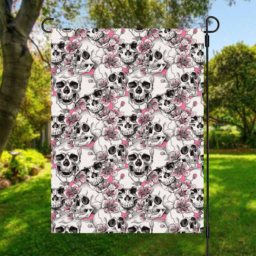Pink Flowers Skull Pattern Print Garden Flag