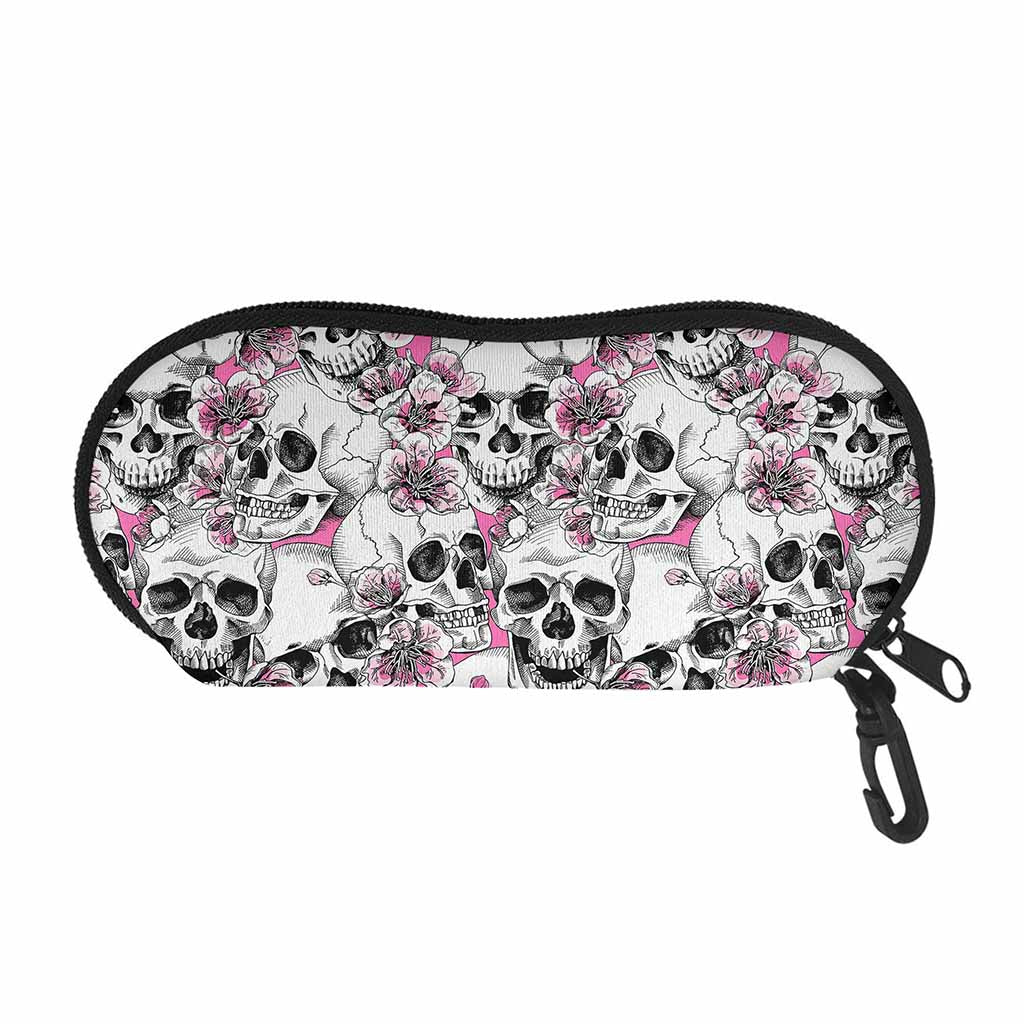 Pink Flowers Skull Pattern Print Glasses Case