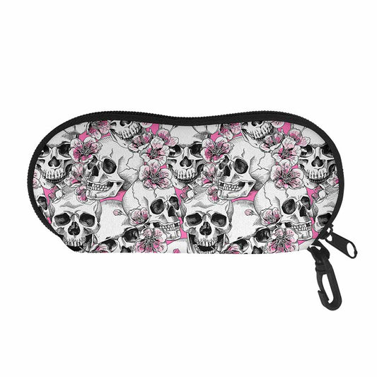Pink Flowers Skull Pattern Print Glasses Case