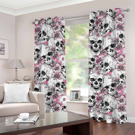 Pink Flowers Skull Pattern Print Grommet Curtains