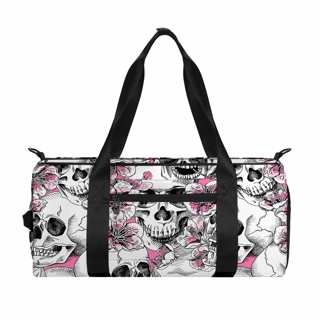 Pink Flowers Skull Pattern Print Gym Bag