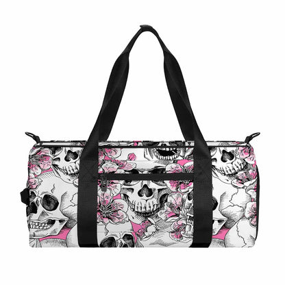 Pink Flowers Skull Pattern Print Gym Bag