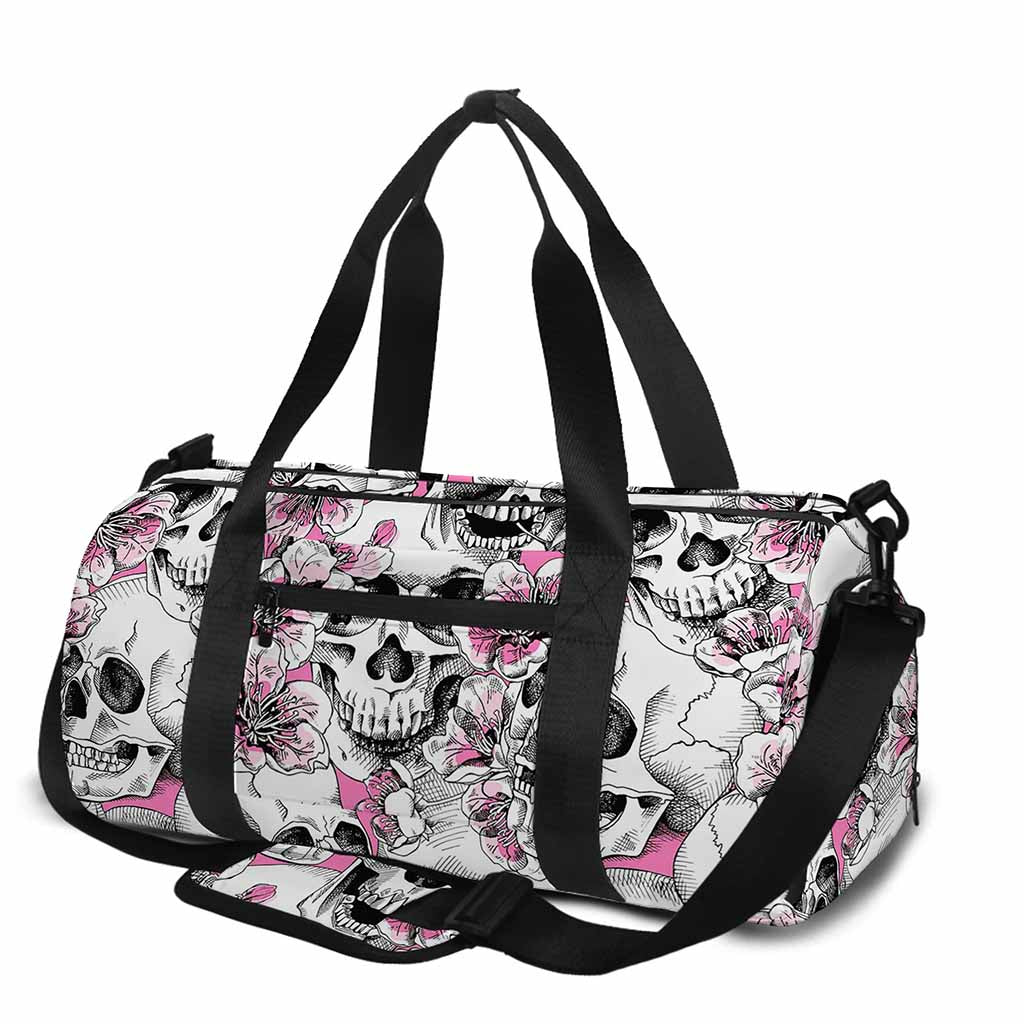 Pink Flowers Skull Pattern Print Gym Bag