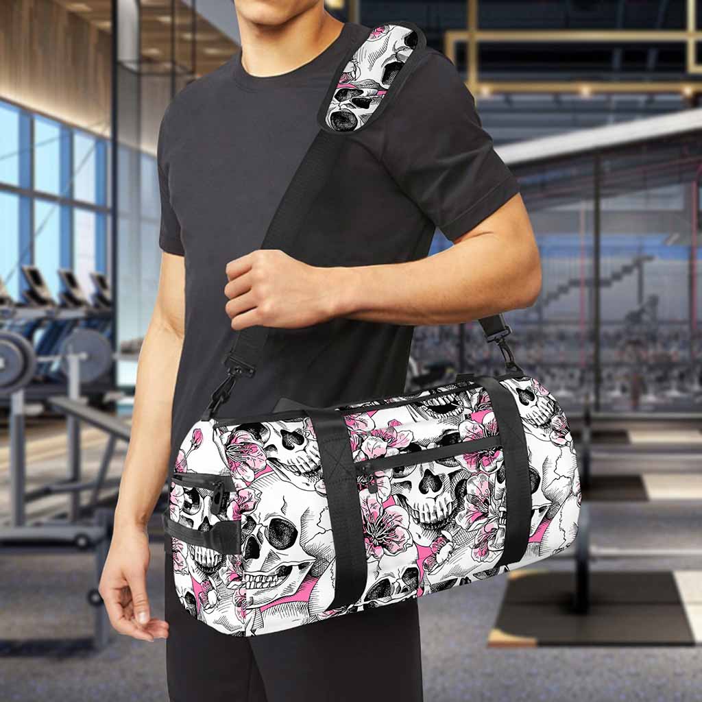 Pink Flowers Skull Pattern Print Gym Bag