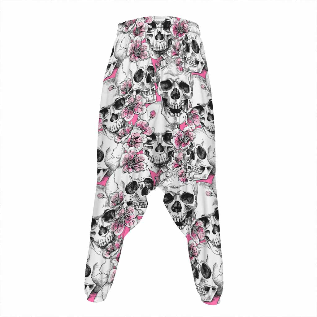 Pink Flowers Skull Pattern Print Hammer Pants