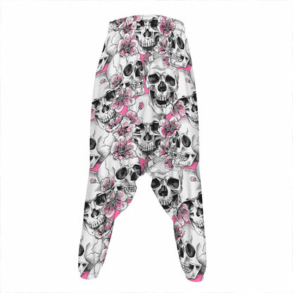 Pink Flowers Skull Pattern Print Hammer Pants